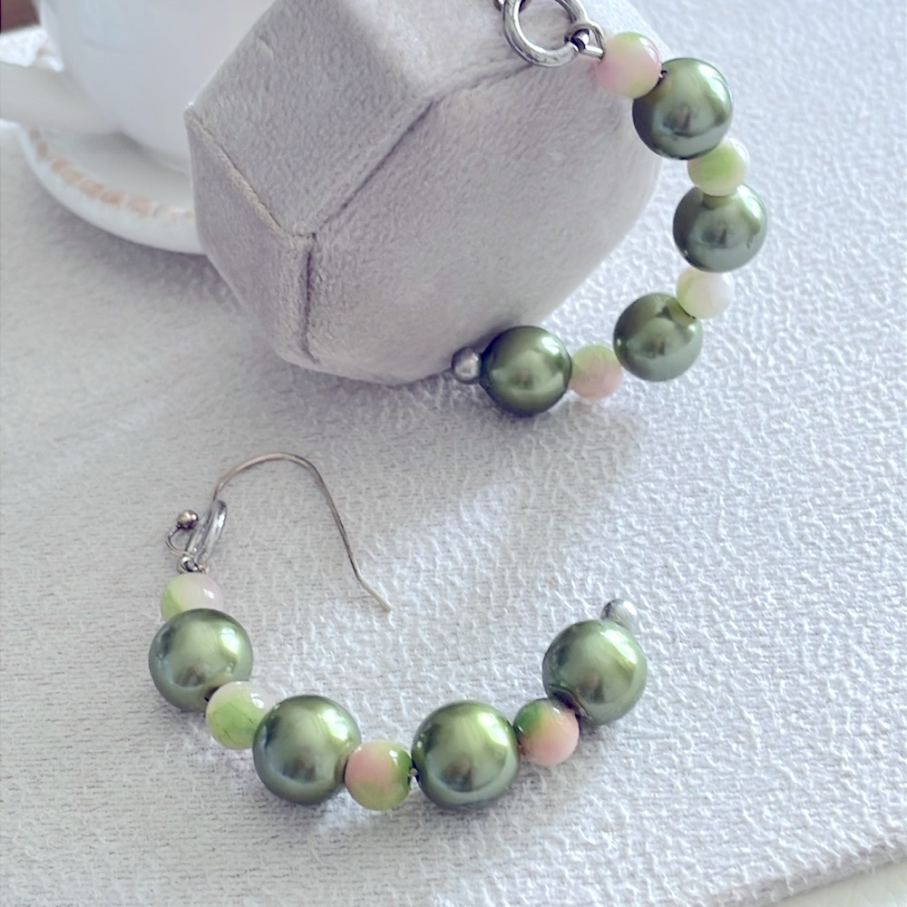 Handcrafted Green + pink bead dangle earrings